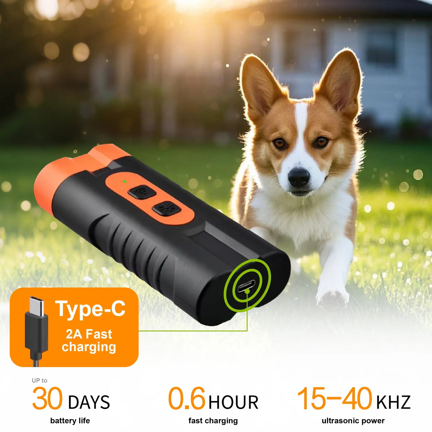 Ultrasonic Dog Bark Deterrent Training Device - Rechargeable, Dual Emitters, 50Ft Range, 25Khz Frequency, Flashlight Feature, Portable Design, Complete Kit for Indoor and Outdoor Behavior Management