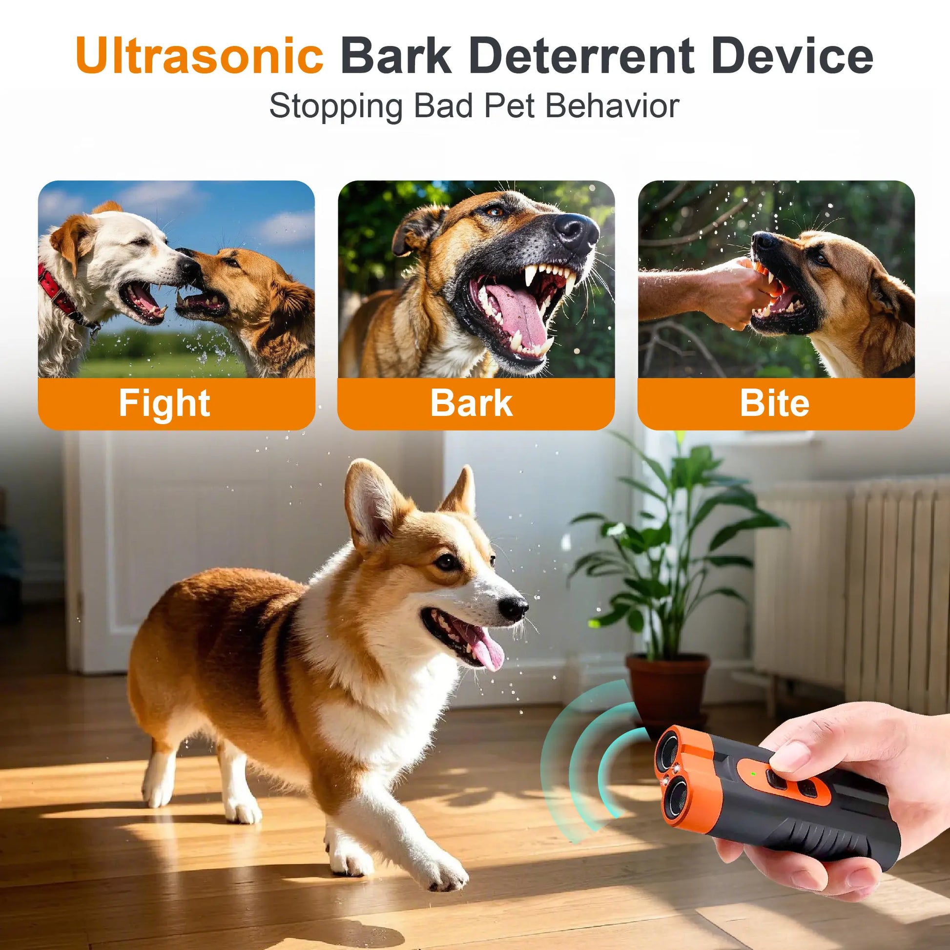 Ultrasonic Dog Bark Deterrent Training Device - Rechargeable, Dual Emitters, 50Ft Range, 25Khz Frequency, Flashlight Feature, Portable Design, Complete Kit for Indoor and Outdoor Behavior Management