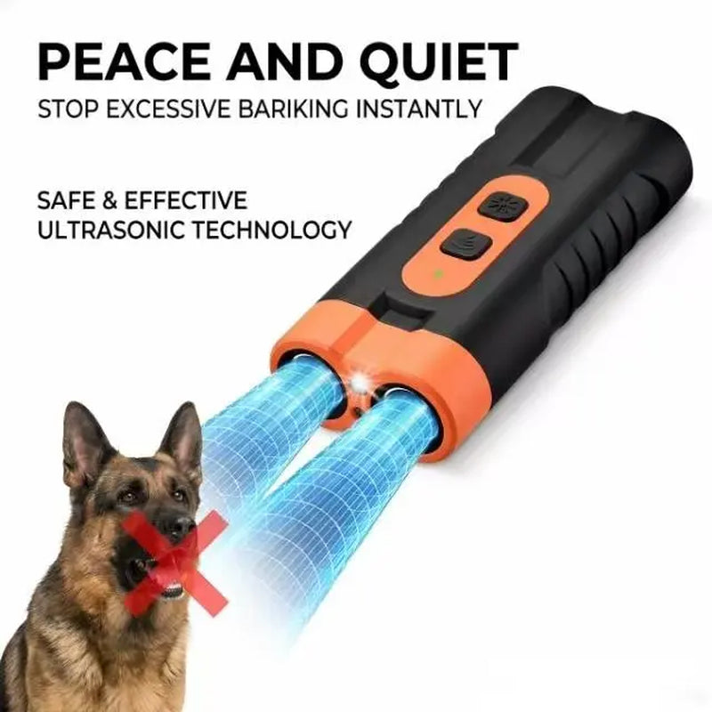Ultrasonic Dog Bark Deterrent Training Device - Rechargeable, Dual Emitters, 50Ft Range, 25Khz Frequency, Flashlight Feature, Portable Design, Complete Kit for Indoor and Outdoor Behavior Management