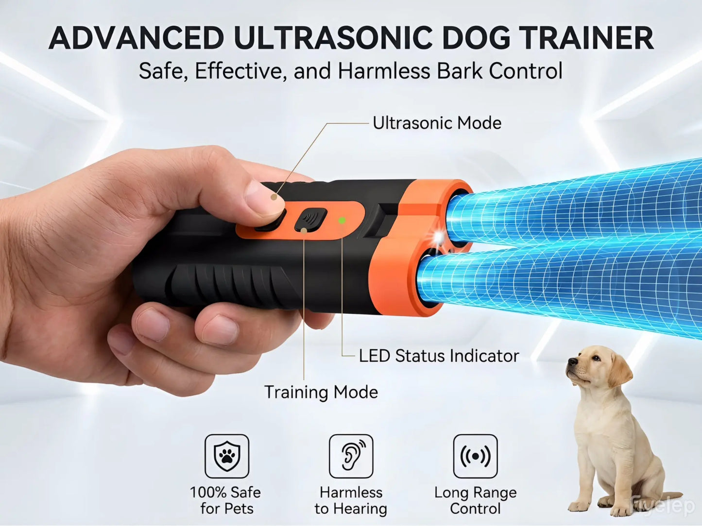Ultrasonic Dog Bark Deterrent Training Device - Rechargeable, Dual Emitters, 50Ft Range, 25Khz Frequency, Flashlight Feature, Portable Design, Complete Kit for Indoor and Outdoor Behavior Management