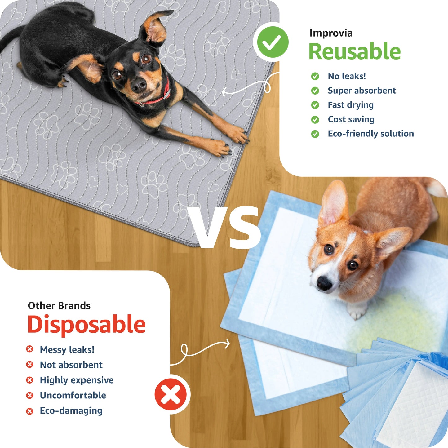 Improvia Washable Puppy Pads – Reusable Waterproof Dog Training Pads with High Absorbency, Quick-Drying & Leakproof Protection – Available in 4 Sizes