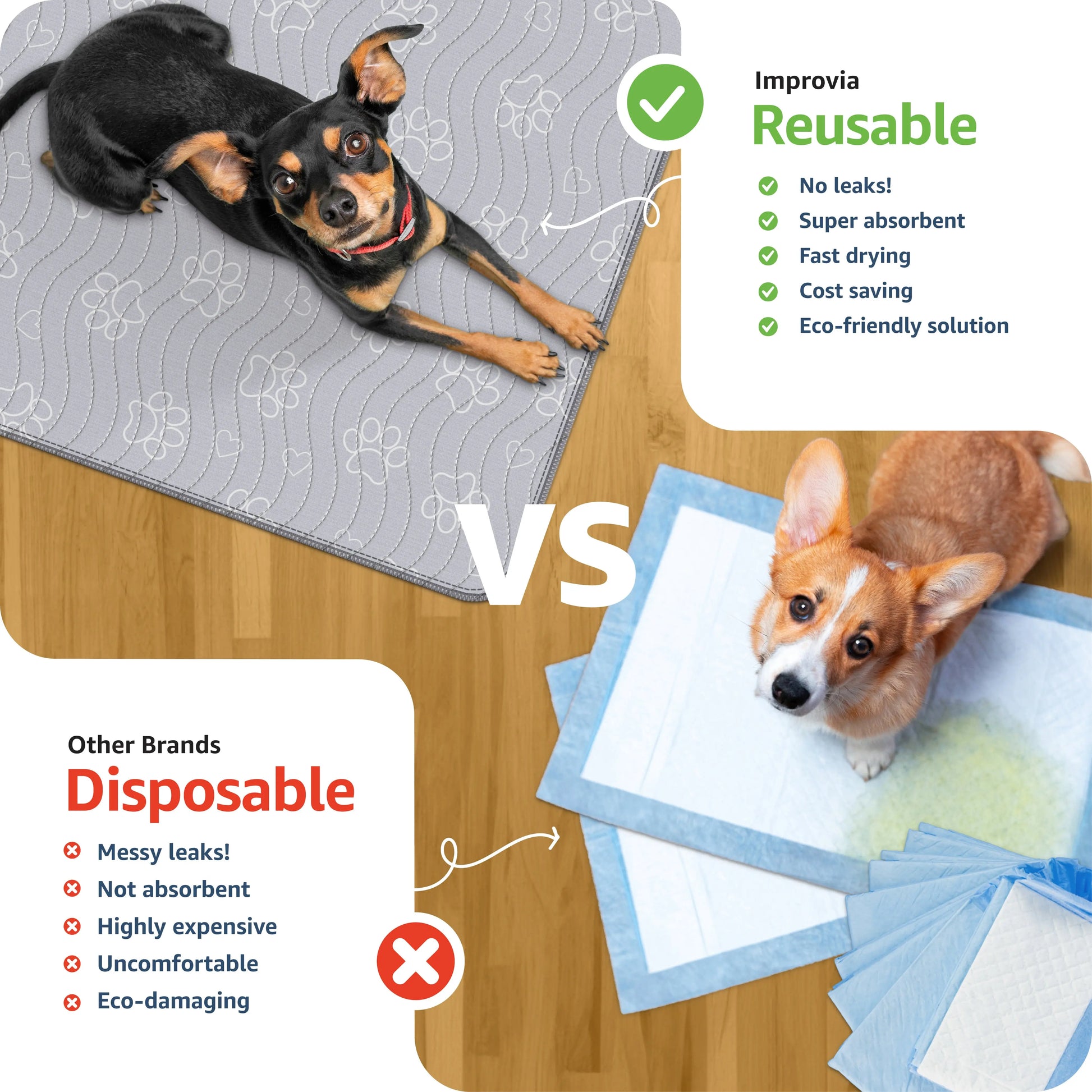 Improvia Washable Puppy Pads – Reusable Waterproof Dog Training Pads with High Absorbency, Quick-Drying & Leakproof Protection – Available in 4 Sizes