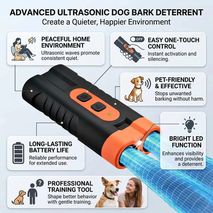 Ultrasonic Dog Bark Deterrent Training Device - Rechargeable, Dual Emitters, 50Ft Range, 25Khz Frequency, Flashlight Feature, Portable Design, Complete Kit for Indoor and Outdoor Behavior Management